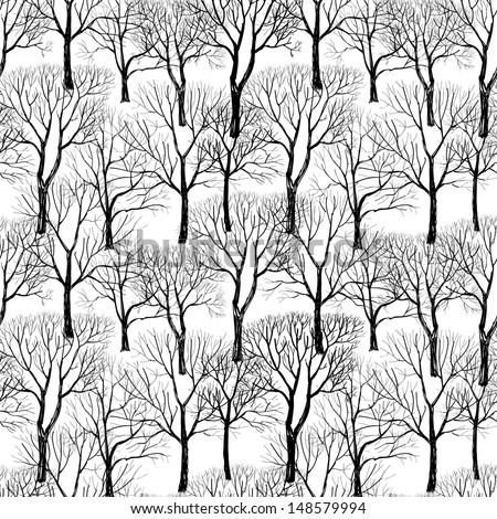 Tree Without Leaves Isolated On White Background. Branches Isolated On White Seamless Pattern. Plant Seamless Texture. Forest Seamless Background. Hand Drawn Vector Illustration.
