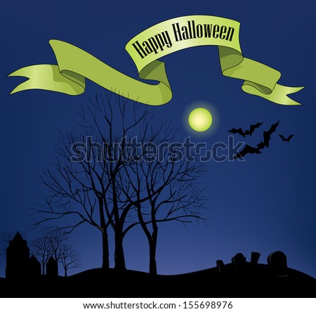 Halloween Spooky Graveyard Background with Bats and Moon in the Back. Vector illustration with copy space.