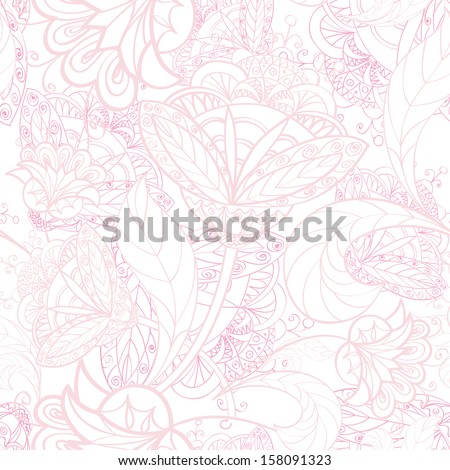 Flower white background. Abstract floral seamless pattern. Outline flowers texture.