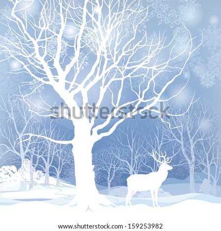 Snow Winter Forest Landscape With Deer. Abstract Vector Illustration Of Winter Forest.