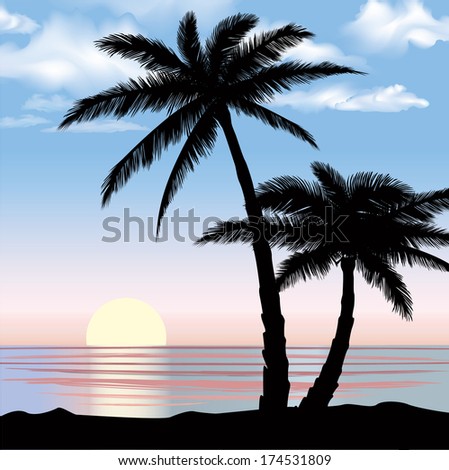 Sunrise view at resort. Summer holiday landscape. Palm trees at ocean beach.