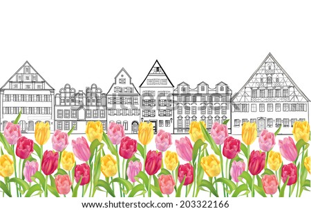 Old buildings and houses in Amsterdam with flower tulips alley. Seamless background.