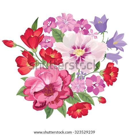 Flower bouquet. Floral frame. Flourish greeting card. Blooming flowers isolated on white background