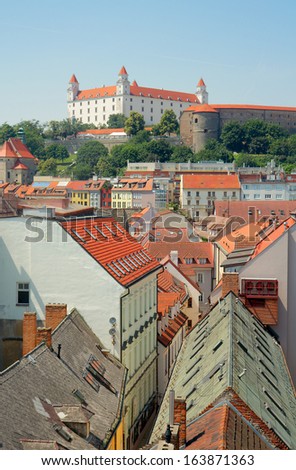View of Bratislava Castle (founded in IXth century) and the old town from the tower of St. Michael Gate. Bratislava, Slovakia