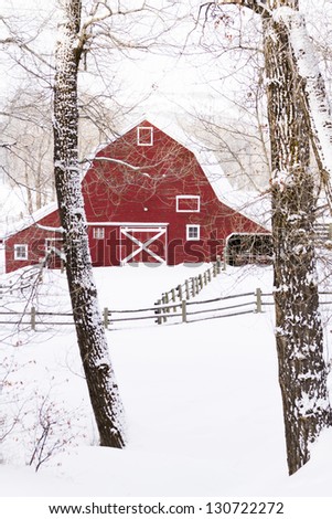 Red barn in snow on lamb farm.