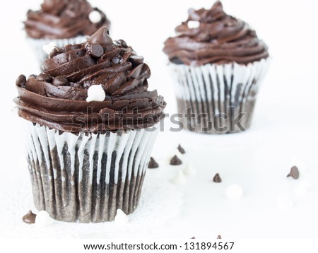 Gourmet quadruple chocolate cupcakes on white background.