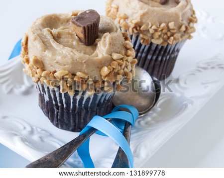 Gourmet peanut butter cups cupcake on white backround.