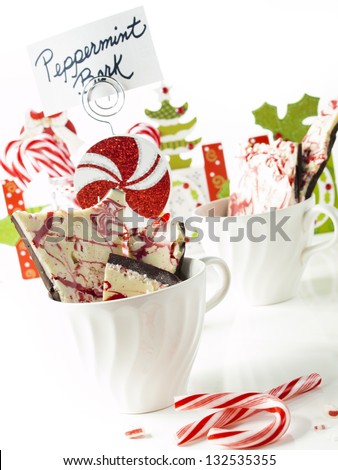 Traditional Christmas Chocolate Peppermint Bark sprinkled with peppermint candies.