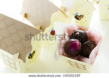 Miniature sweet bird houses favor boxes filled with gourmet truffles.