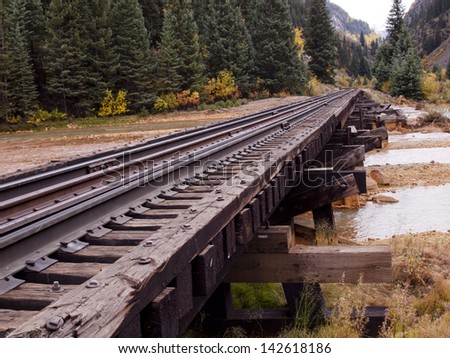 Railroad bridge. This train is in daily operation on the narrow gauge railroad between Durango and Silverton Colorado