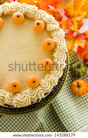 Chocolate pumpkin cake with caramel buttercream for Thanksgiving.