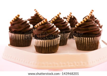 Small dark chocolate cupcakes at dessert bar.