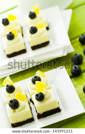 Small white chocolate cheesecake squares at dessert bar.