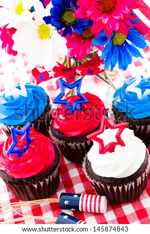 July 4th picnic with patriotic holiday cupcakes.