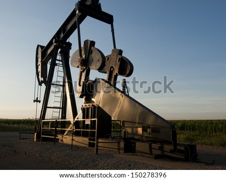 A pumpjack on the middle of the corn field near the Denver International Airport.