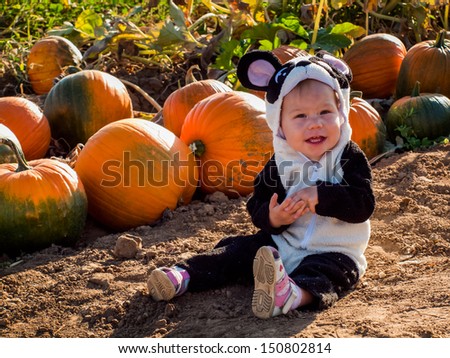 Toddler dressed up in cute costumes at the pumpkin patch.