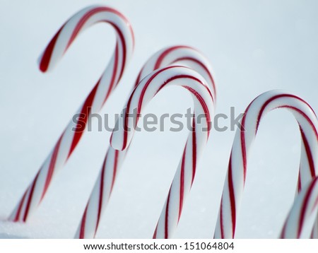 Traditional holiday candy candy cane in snow.