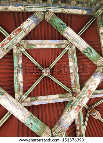 Interior details, Temple of Haven in Beijing. Imperial palace in China.