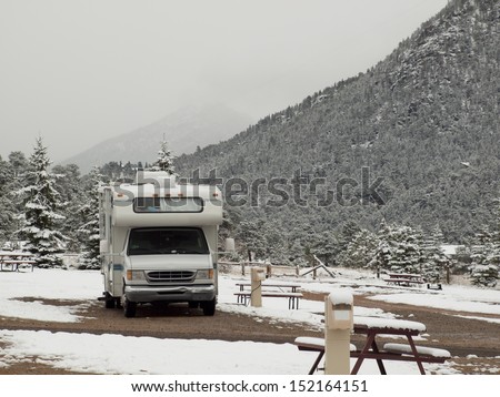 RV campsite in snow at Estes park, Colorado.