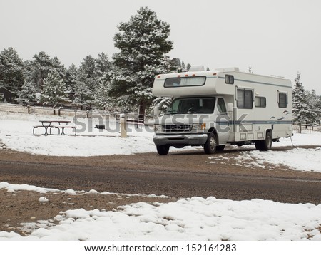RV campsite in snow at Estes park, Colorado.