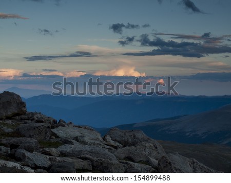 On a hazy summer Evening at 13,000 feet you can see forever--almost to the prairies of Kansas from here. Mount Evans Wilderness, Front Range, Colorado.