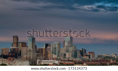 Denver, Colorado-August 4, 2011: A view of Denver, Colorado downtown right before sunset