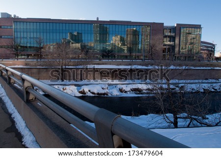 Denver, Colorado-December 6, 2011: Reflection of downtown Denver in contemporary building.