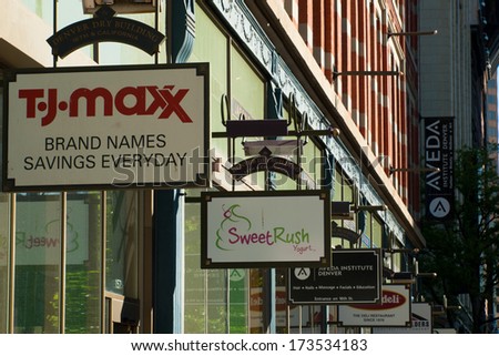 Denver, Colorado-April 22, 2012: Retail stores in downtown Denver.