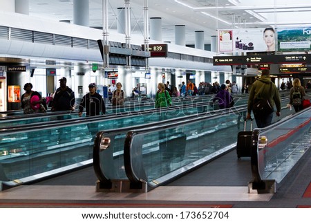 Denver, Colorado-March 29, 2013: Moving sidewalk at the Denver International Airport.