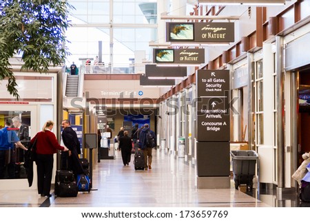 Denver, Colorado-January 19, 2013: Passengers at the Denver International Airport.