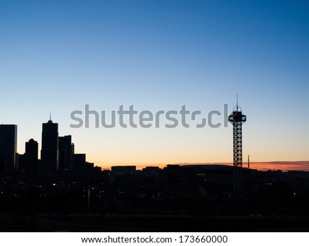 Denver, Colorado- November 17, 2012: Skyline of downtown Denver at sunrise.