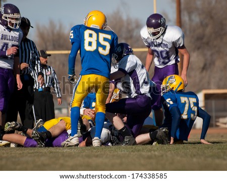 Simla, Colorado-November 12, 2011: High school football game Simla vs. Elbert.