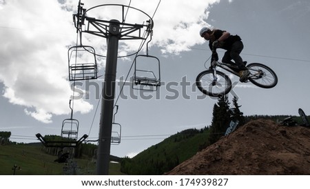 Vail, Colorado- June 1, 2012: Slopestyle biking at 2012 Summer Teva Mountain Games. Vail, Colorado.