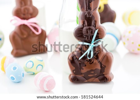 Easter chocolate bunnies made from solid milk and dark chocolate.