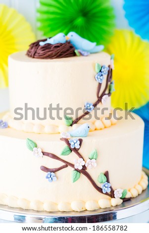Gourmet Spring two layer cake with blue birds and spring flowers.