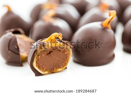 Gourmet chocolate stuffed and dipped dry figs.