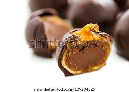 Gourmet chocolate stuffed and dipped dry figs.