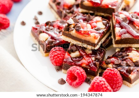 Fresh chocolate raspberry squares cut in bite size.