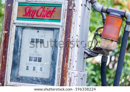 Boulder, Colorado, USA-June 1, 2014. Vintage Texaco gas station pump on old farm.