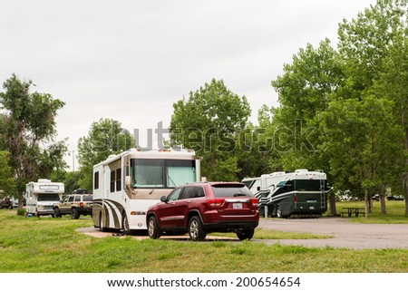 Denver, Colorado, USA - June 20, 2014. RV camping at Cherry Creek State Park in Denver, Colorado.