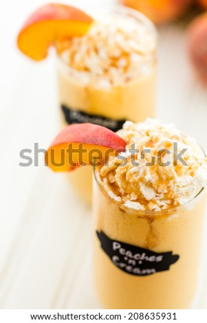 Gourmet cold Peaches and cream chocolate drink garnished with caramel.