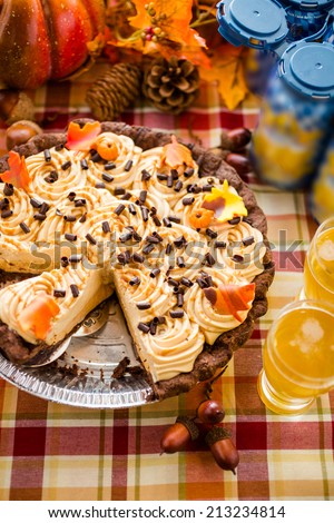Chocolate beer and wine pairings. White Chocolate Salted Caramel Pumpkin Cream Pie with beer and wine for Thanksgiving.