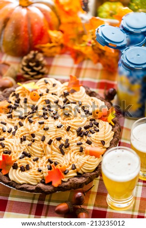 Chocolate beer and wine pairings. White Chocolate Salted Caramel Pumpkin Cream Pie with beer for Thanksgiving.