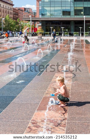 Denver, Colorado, USA-August 31, 2014. Urban plaza at front of redeveloped historical Union Station in Denver, Colorado.