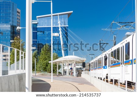 Denver, Colorado, USA-August 31, 2014. Union Station lightrail stop in downtown Denver, Colorado.
