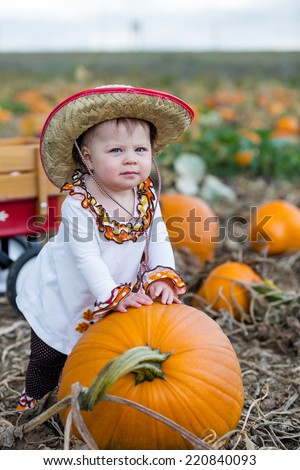 Choosing a pumpkin at a pumpkin patch on Fall day.
