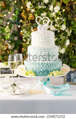 Gourmet tiered wedding cake as centerpiece at the wedding reception.