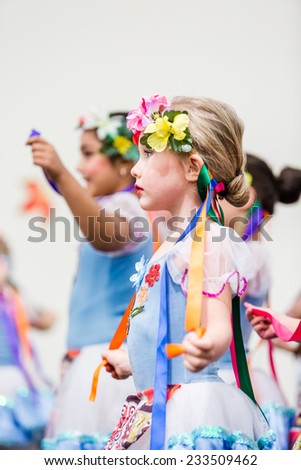 Denver, Colorado, USA-November 15, 2014. Kids dancing tradition Russian folk dances.