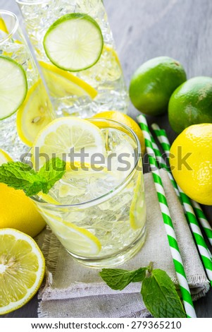 Infused water with fresh citrus fruits and ice.