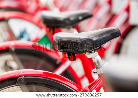 Row of red rental bikes at the Union Station in Denver, Colorado.